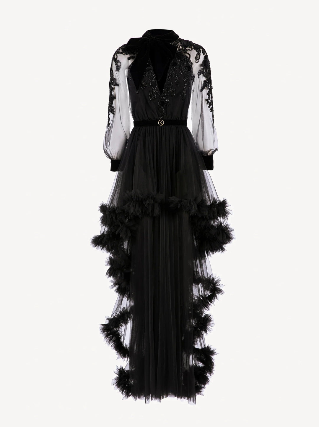 BLACK EMBROIDERED VELVET LONG DRESS