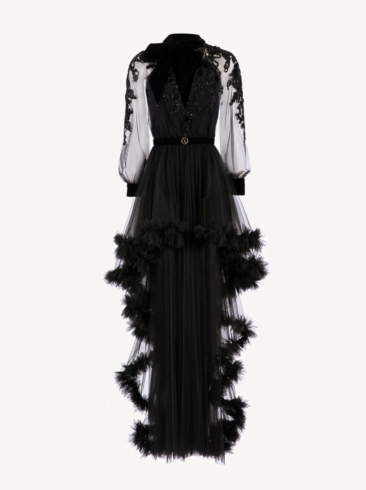 BLACK EMBROIDERED VELVET LONG DRESS