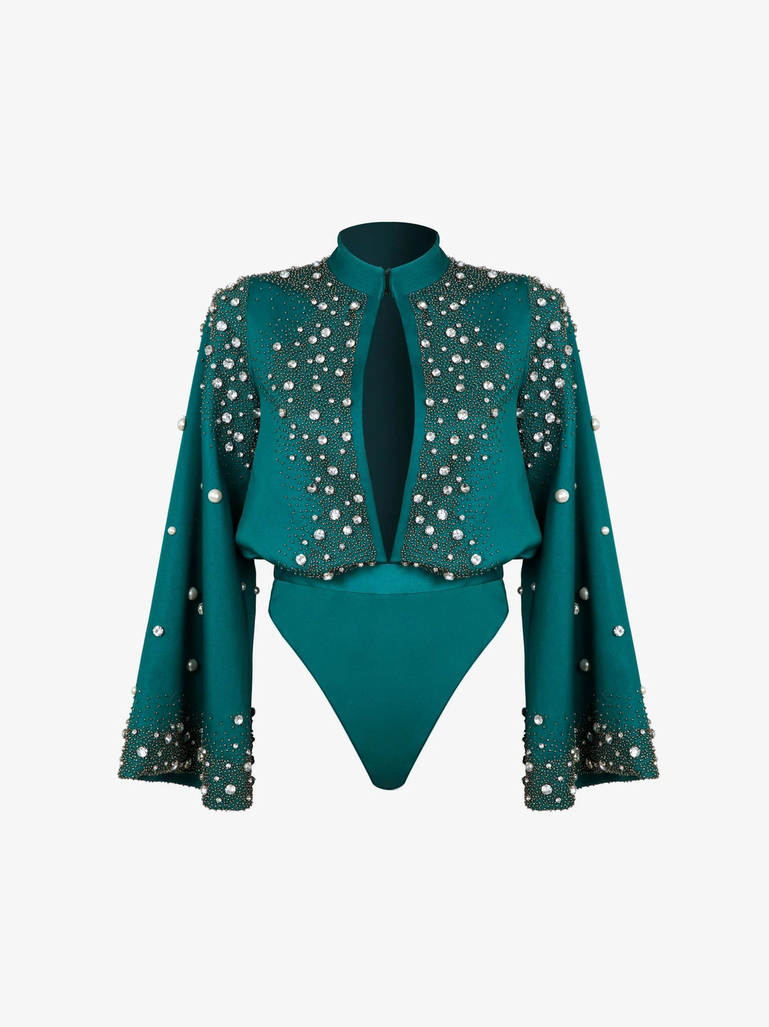 GREEN BEADED CREPE BODYSUIT
