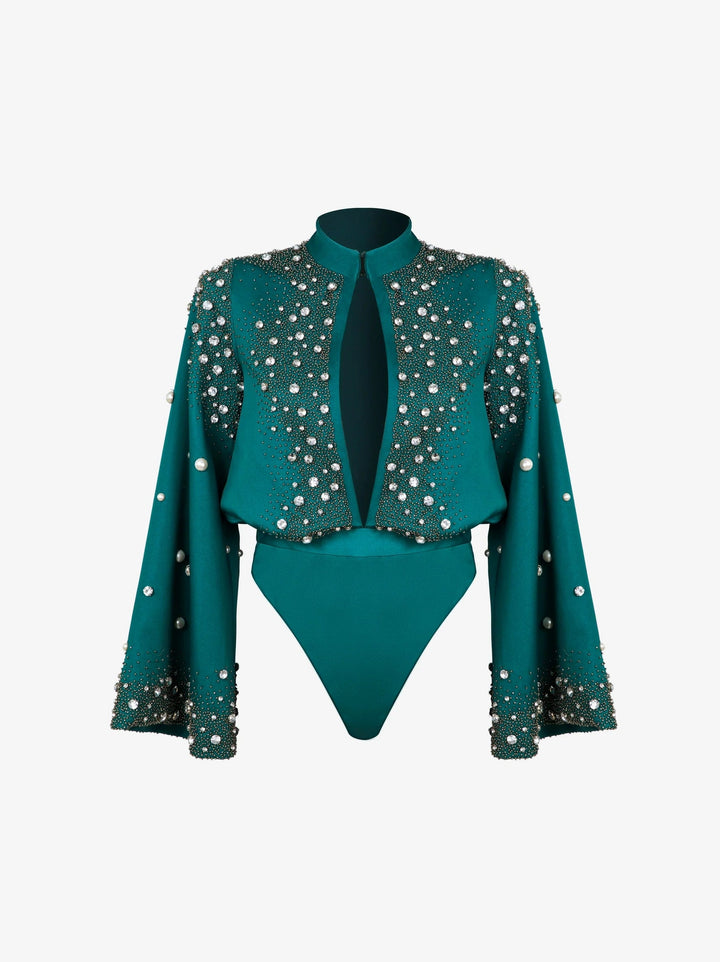 GREEN BEADED CREPE BODYSUIT