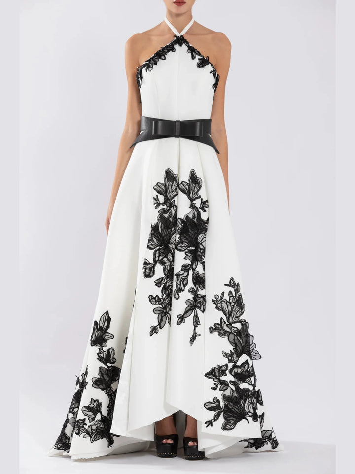 NEOPRENE
DRESS WITH PLEATED SKIRT AND BEADING
