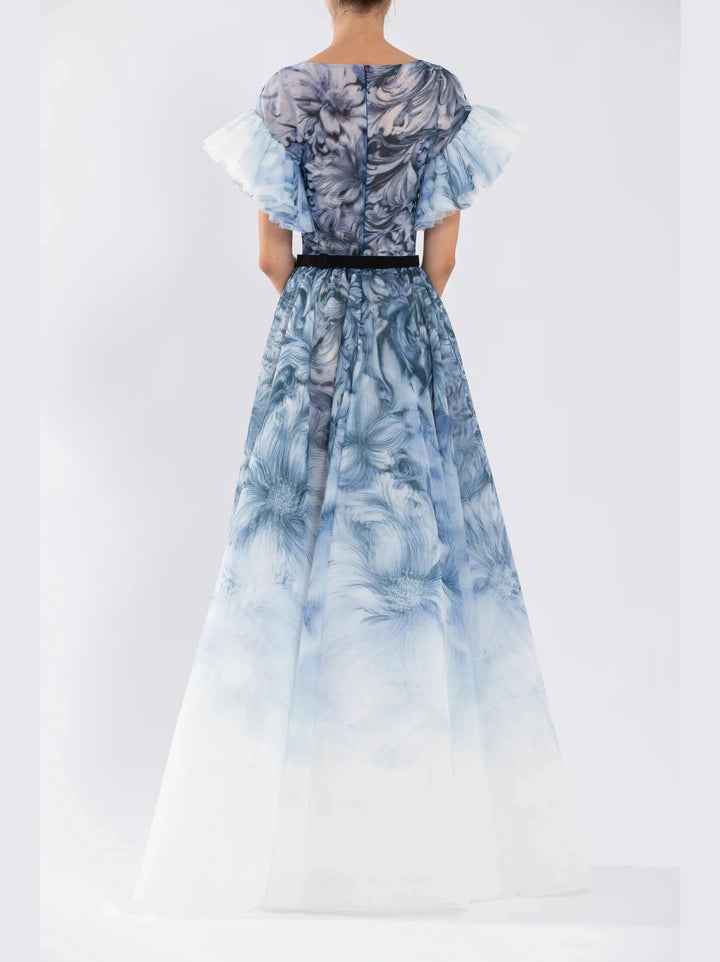 Printed Tulle Dress with Plunging Neckline