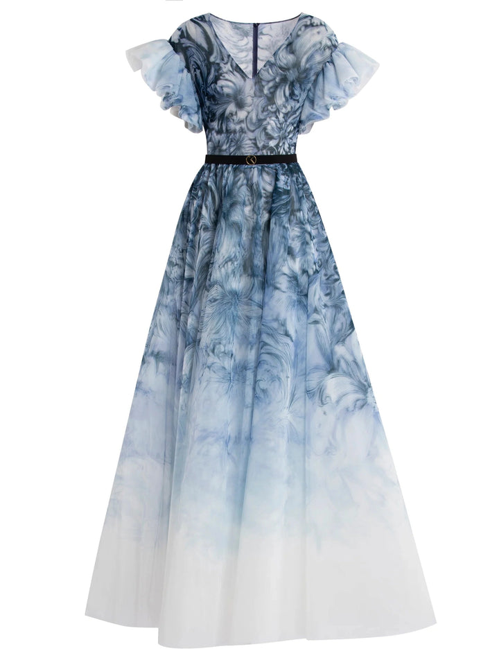 Printed Tulle Dress with Plunging Neckline