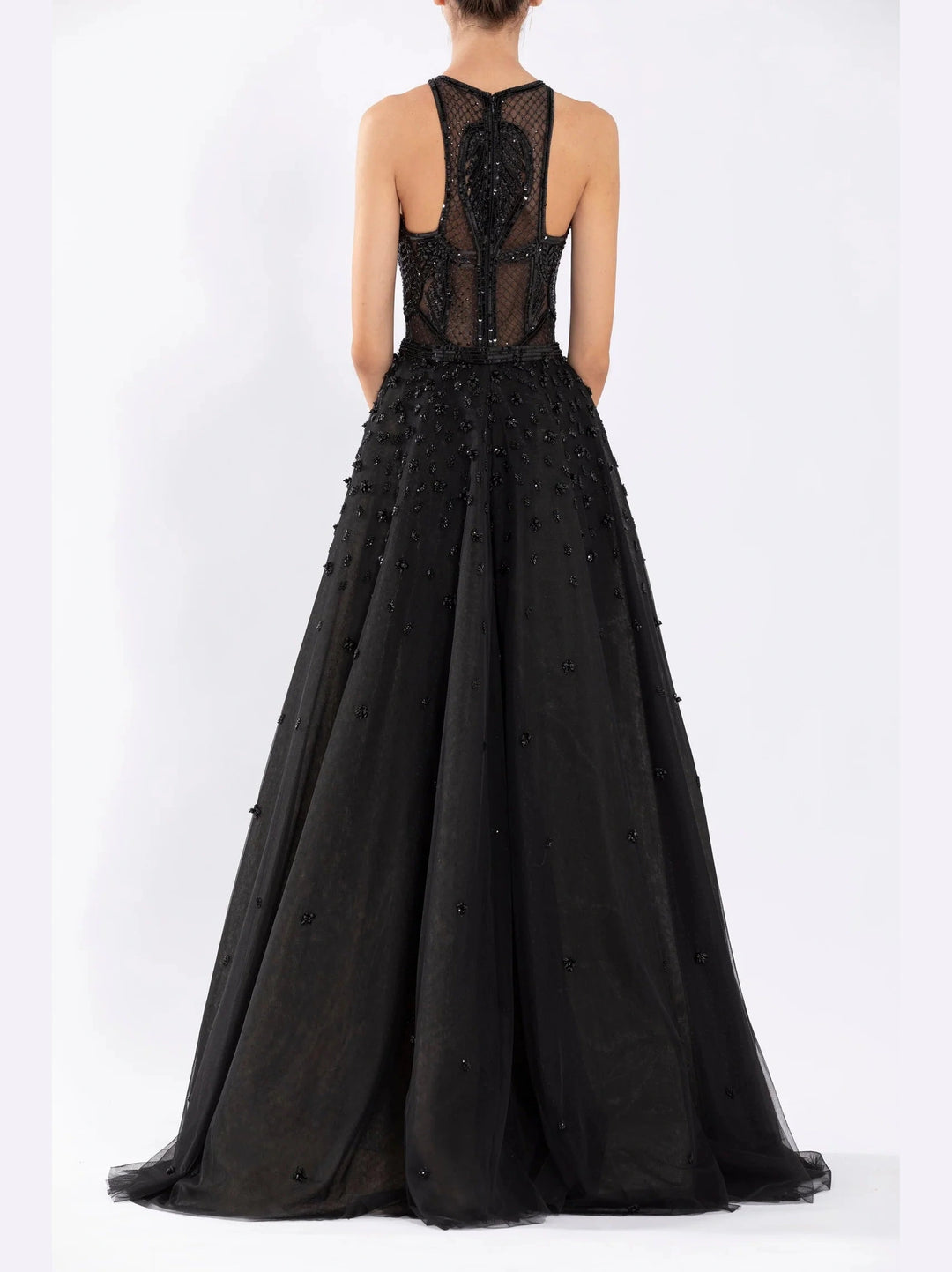 BEADED TULE DRESS WITH HALTER NECK