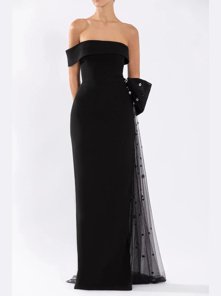 CREPE DRESS WITH BEADED BOW AND TULLE
