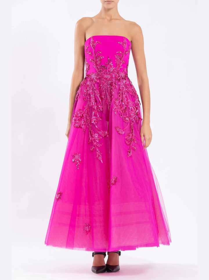 FUSCHIA STRAPLESS CREPE DESS