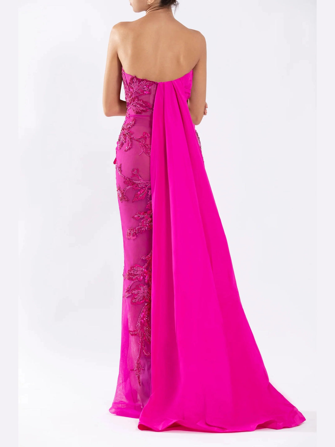 FUSCHIA STRAPELESS TULLE DRESS WITH BEADING