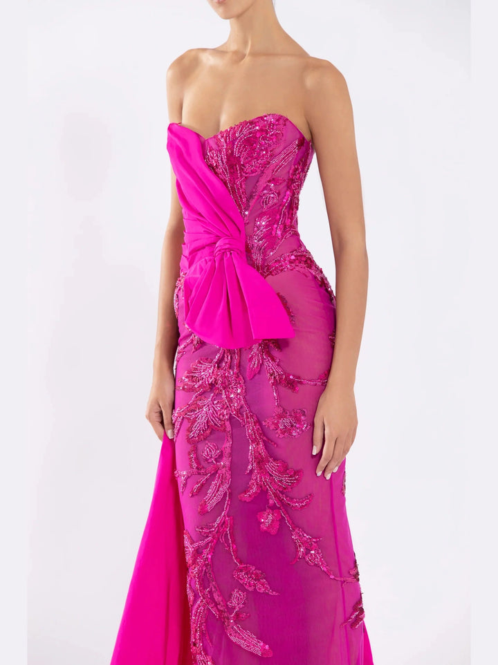 FUSCHIA STRAPELESS TULLE DRESS WITH BEADING