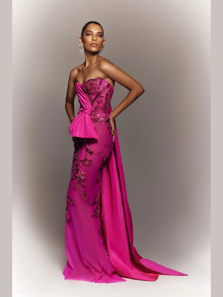 FUSCHIA STRAPELESS TULLE DRESS WITH BEADING
