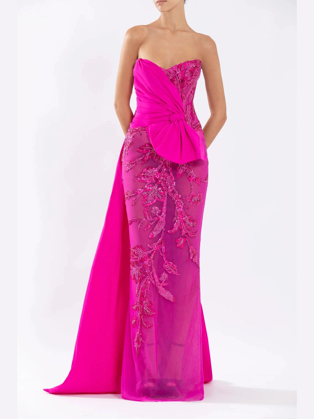 FUSCHIA STRAPELESS TULLE DRESS WITH BEADING