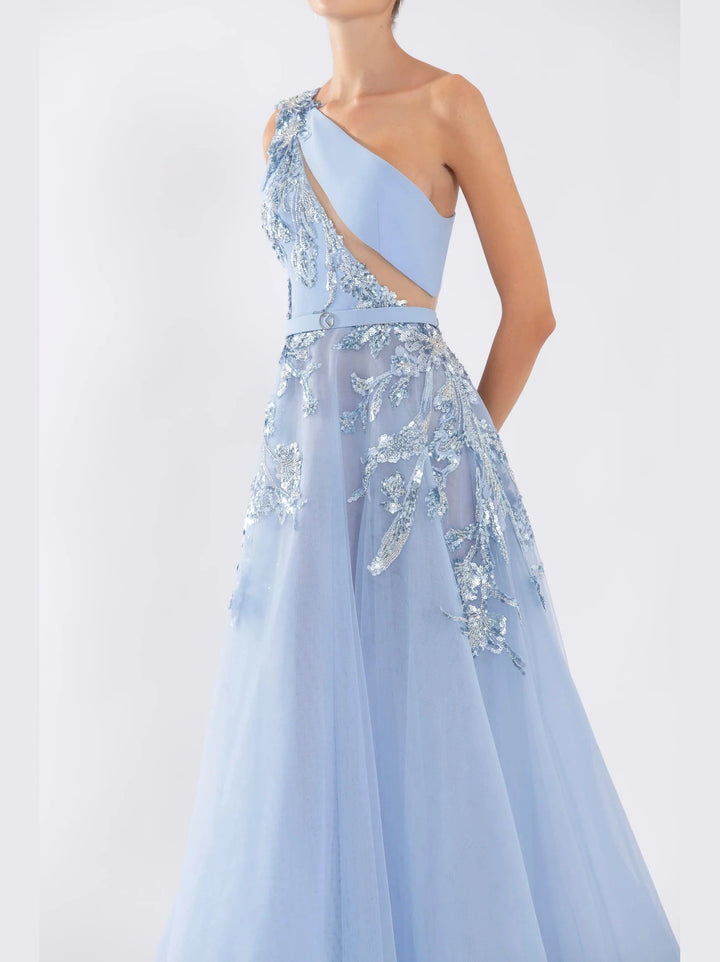 BLUE TULLE DRESS WTH FLARED TULLE SKIRT