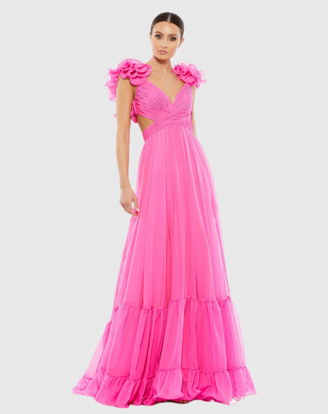 Ruffle Tiered Cut-Out Chiffon Gown