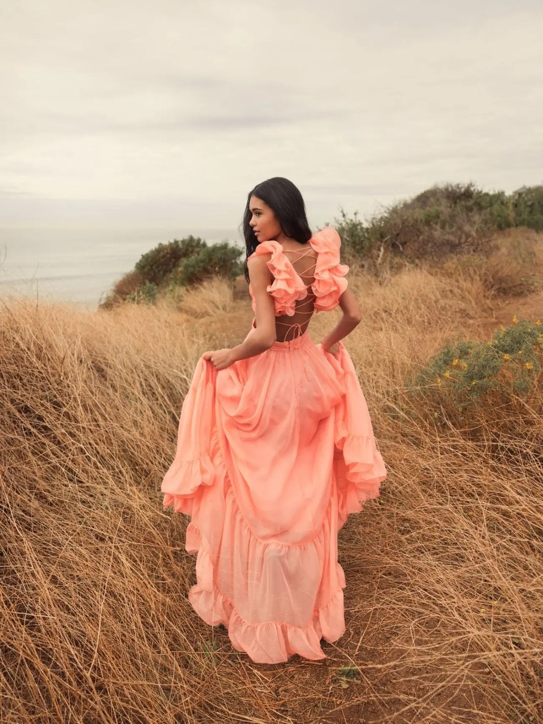 Ruffle Tiered Cut-Out Chiffon Gown