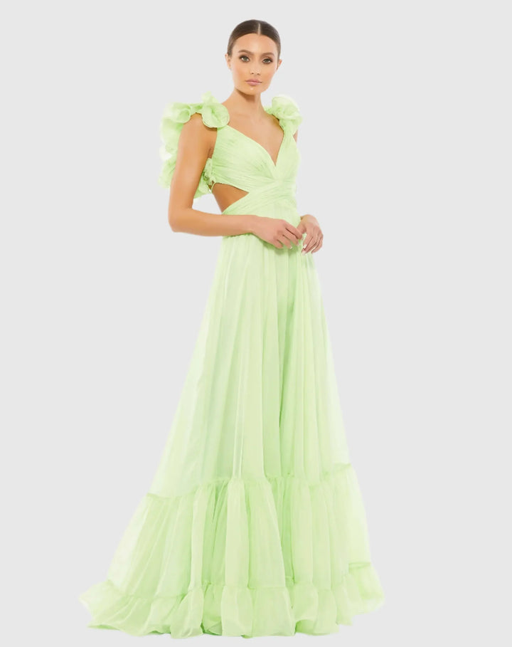 Ruffle Tiered Cut-Out Chiffon Gown