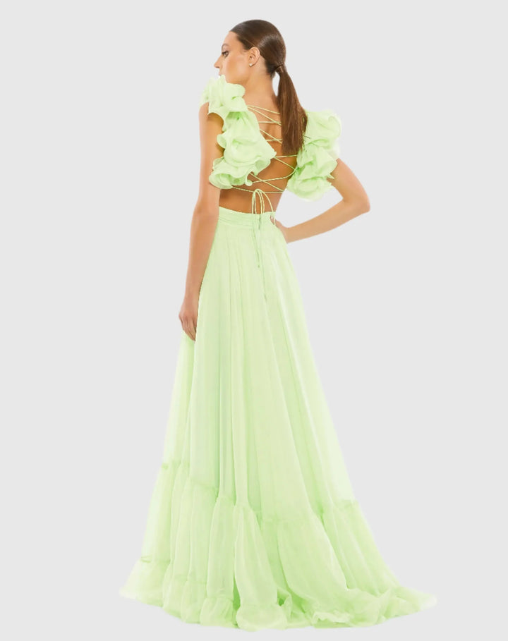 Ruffle Tiered Cut-Out Chiffon Gown