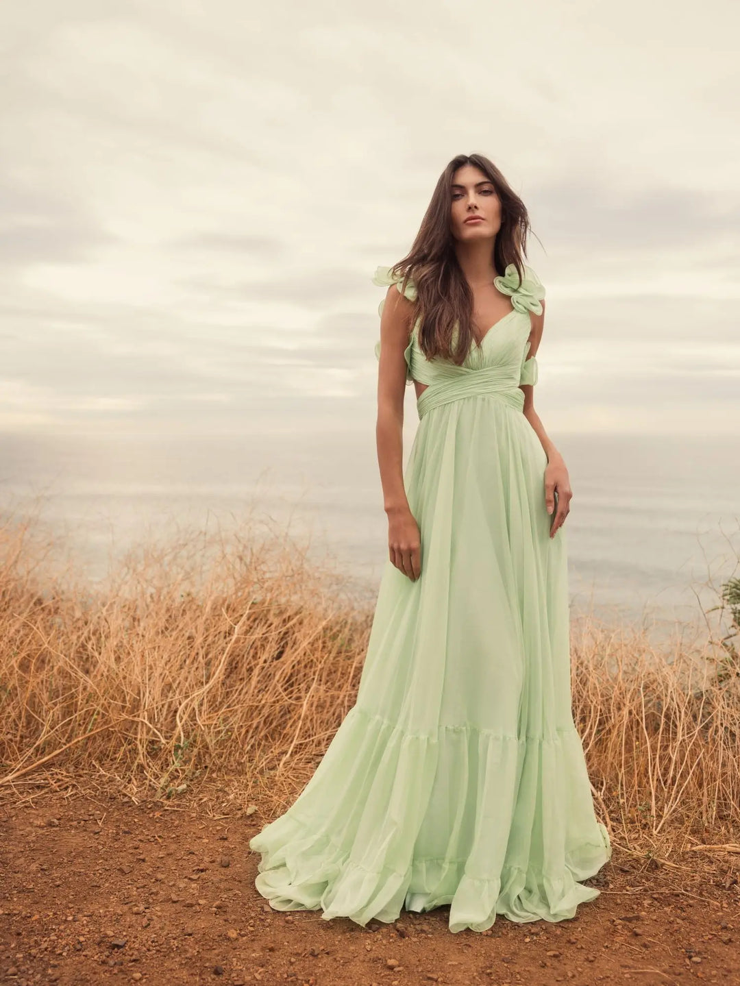 Ruffle Tiered Cut-Out Chiffon Gown