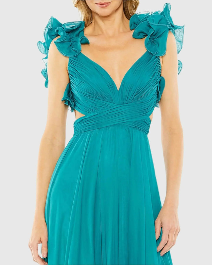 Ruffle Tiered Cut-Out Chiffon Gown