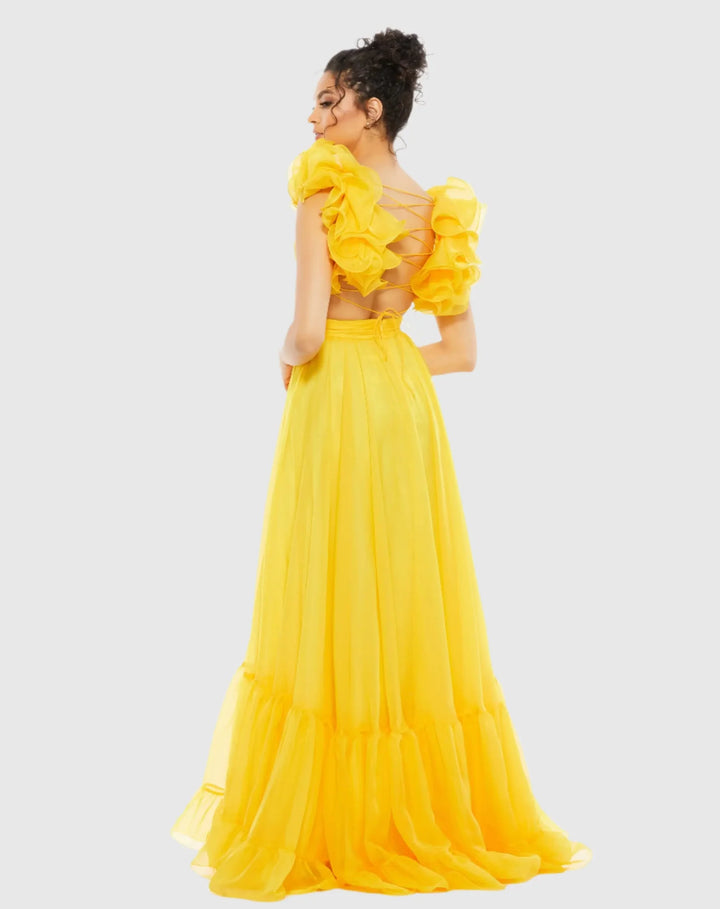 Ruffle Tiered Cut-Out Chiffon Gown