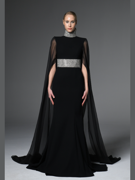 Black crêpe dress with chiffon sleeves
