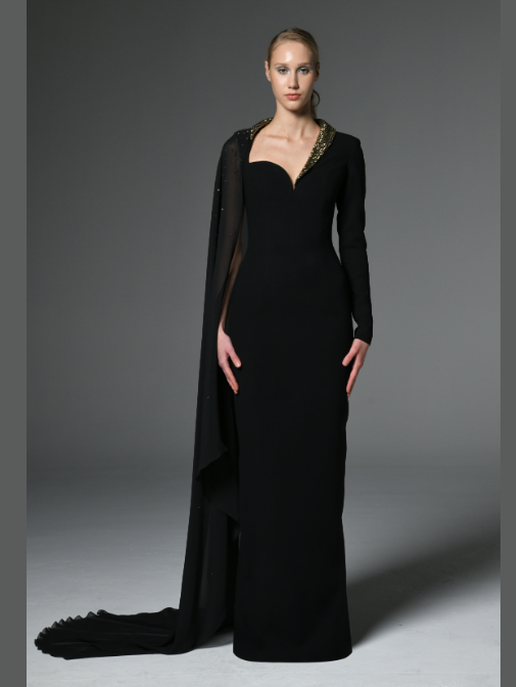 Asymmetric Dress with Crystal Studded Lapel