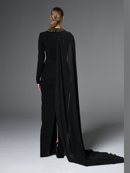 Asymmetric Dress with Crystal Studded Lapel