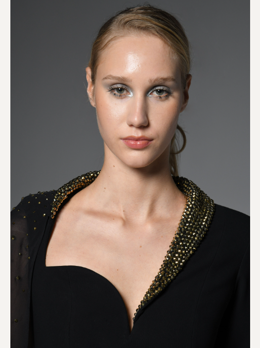 Asymmetric Dress with Crystal Studded Lapel