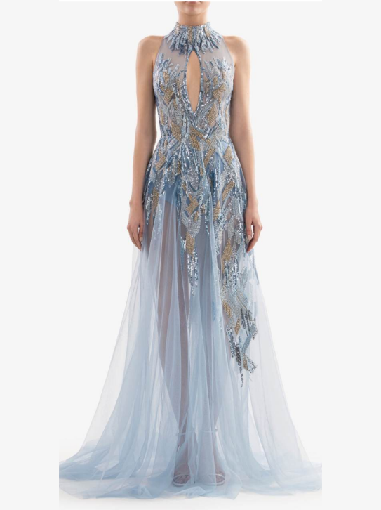 BLUE BEADED DRESS WITH HALTER NECK