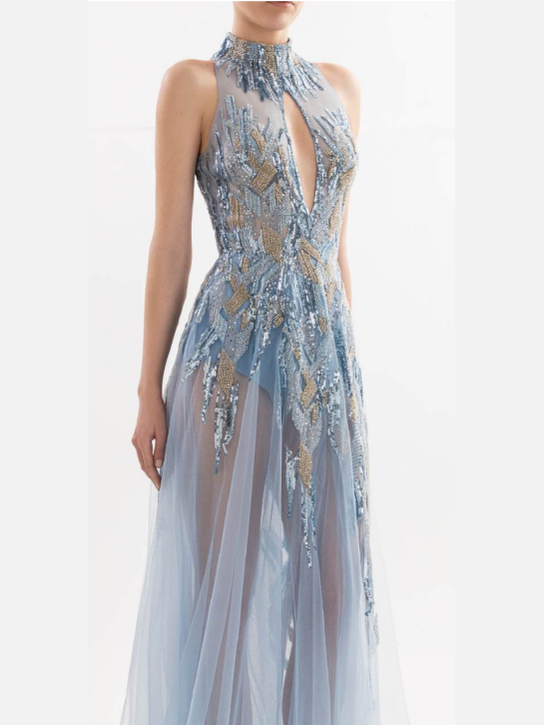 BLUE BEADED DRESS WITH HALTER NECK