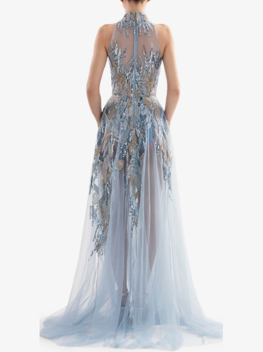 BLUE BEADED DRESS WITH HALTER NECK