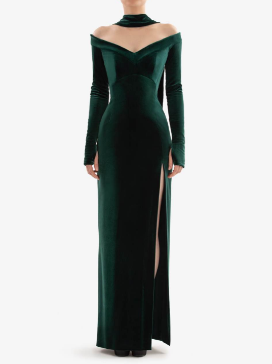 EMERALD VELVET OFF SHOULDER DRESS