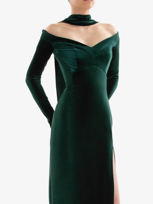 EMERALD VELVET OFF SHOULDER DRESS