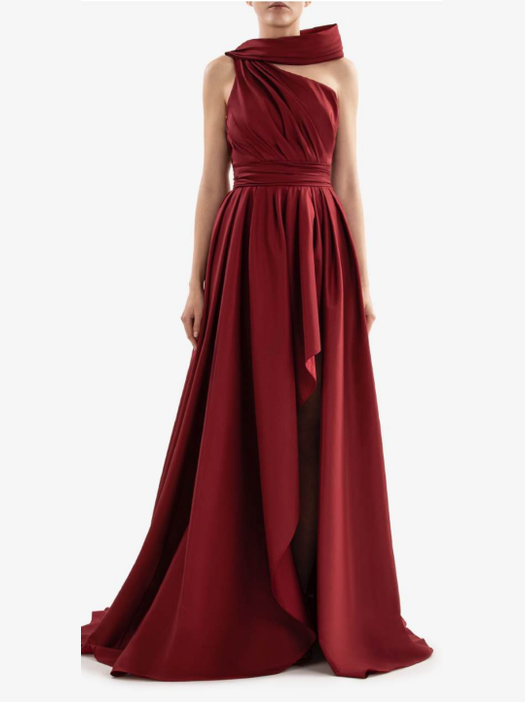 BURGANDY TAFFETA ONE SHOULDER DRESS