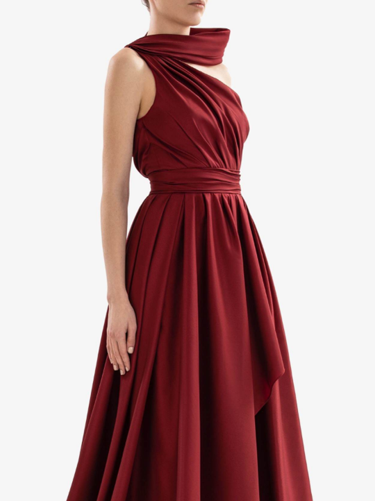 BURGANDY TAFFETA ONE SHOULDER DRESS