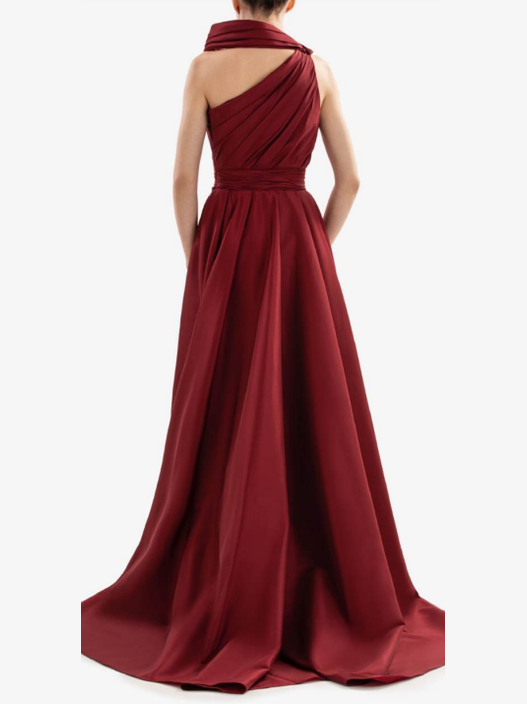 BURGANDY TAFFETA ONE SHOULDER DRESS