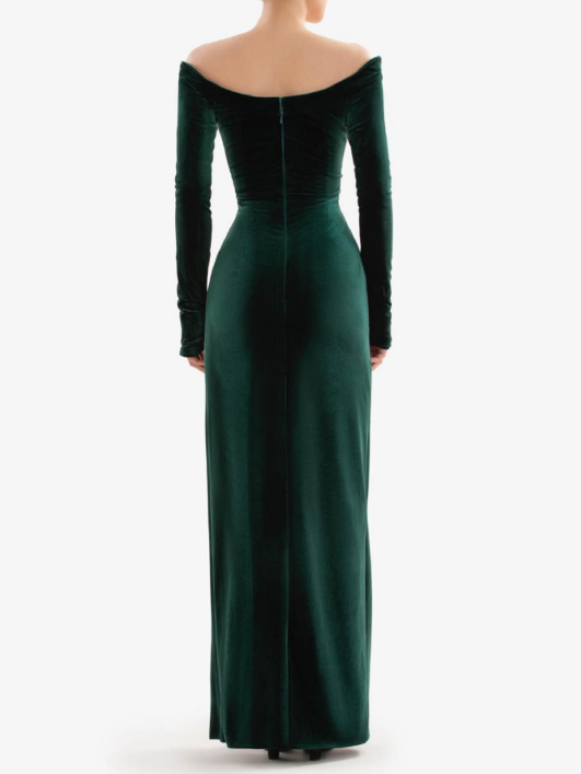 EMERALD VELVET OFF SHOULDER DRESS