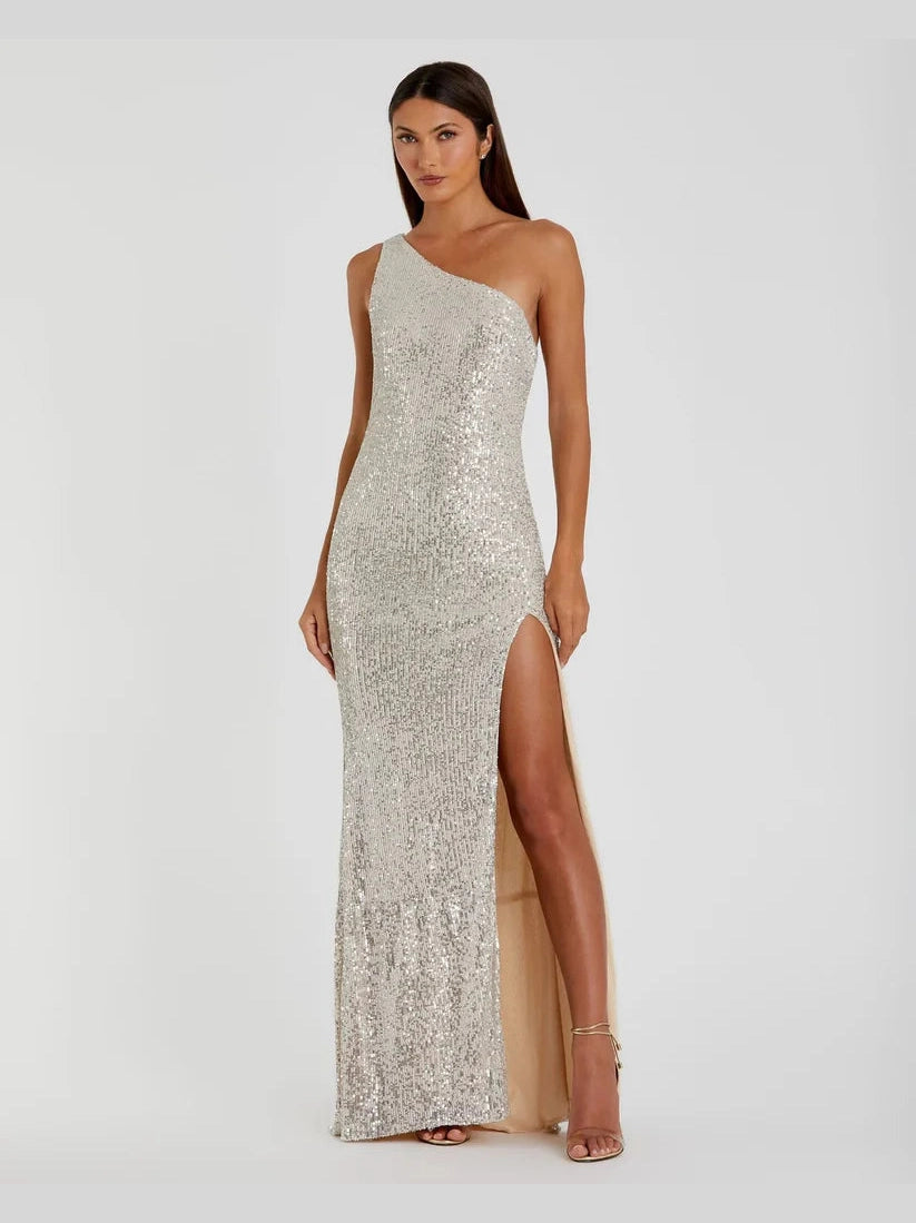 Sequined One Shoulder Draped Back Gown