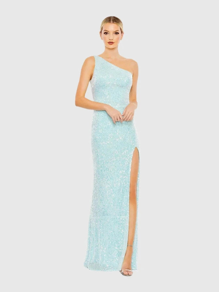 Sequined One Shoulder Draped Back Gown