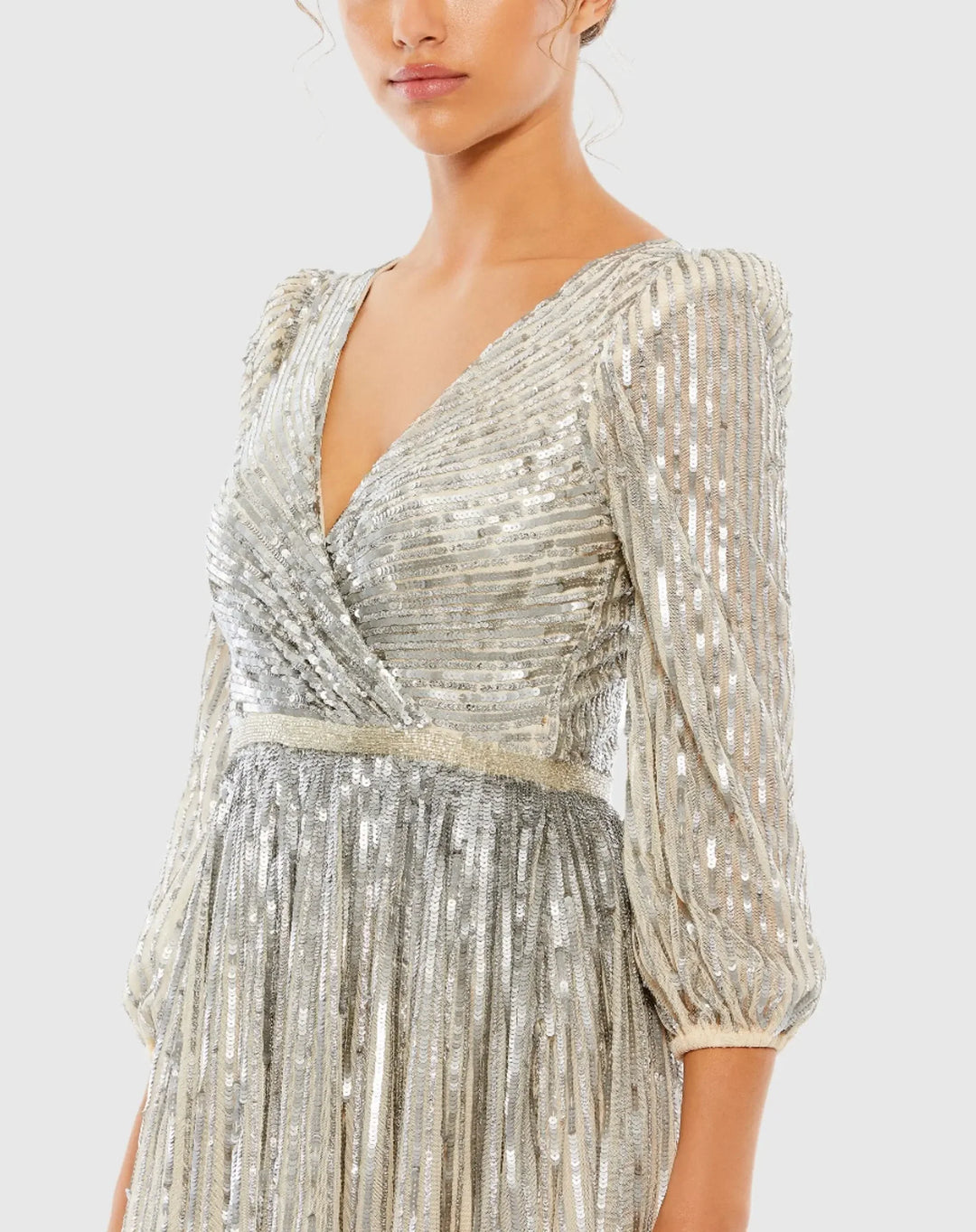 Sequined Wrap Over 3/4 Sleeve Gown