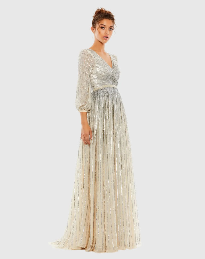 Sequined Wrap Over 3/4 Sleeve Gown