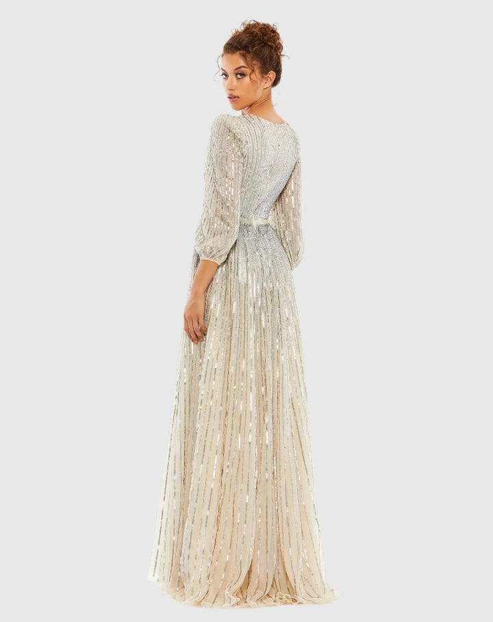 Sequined Wrap Over 3/4 Sleeve Gown