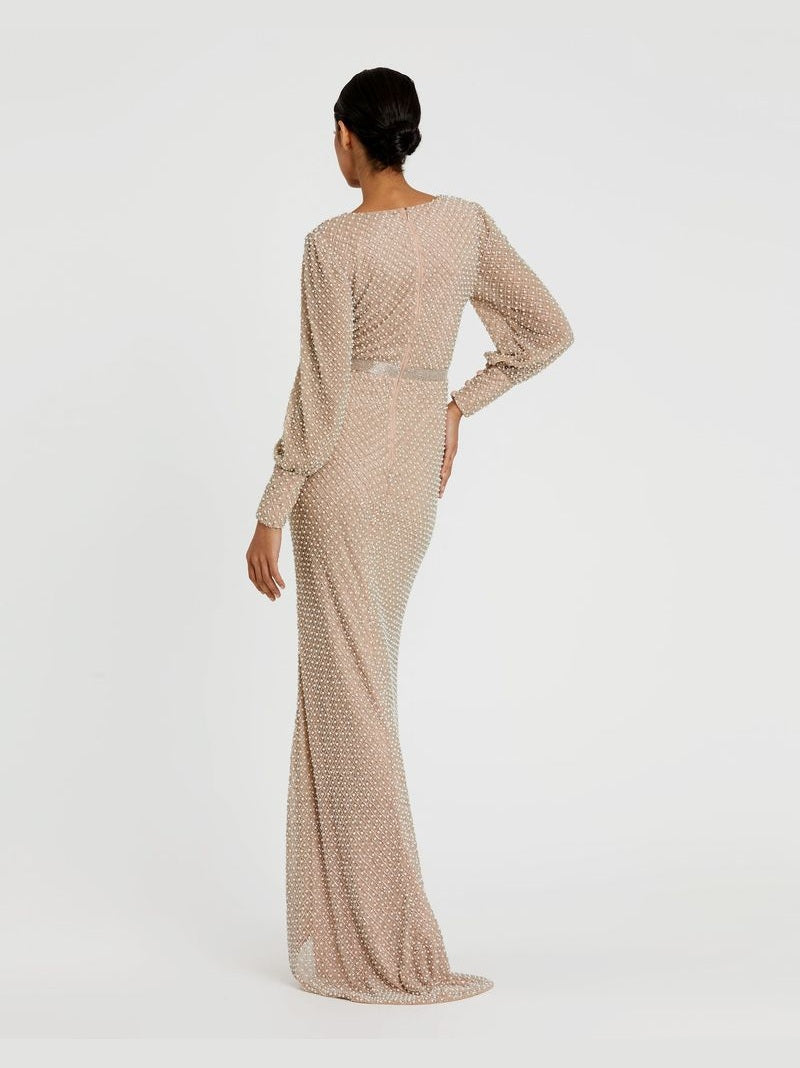 Wrap Over Bishop Sleeve Gown With Pearl Beading