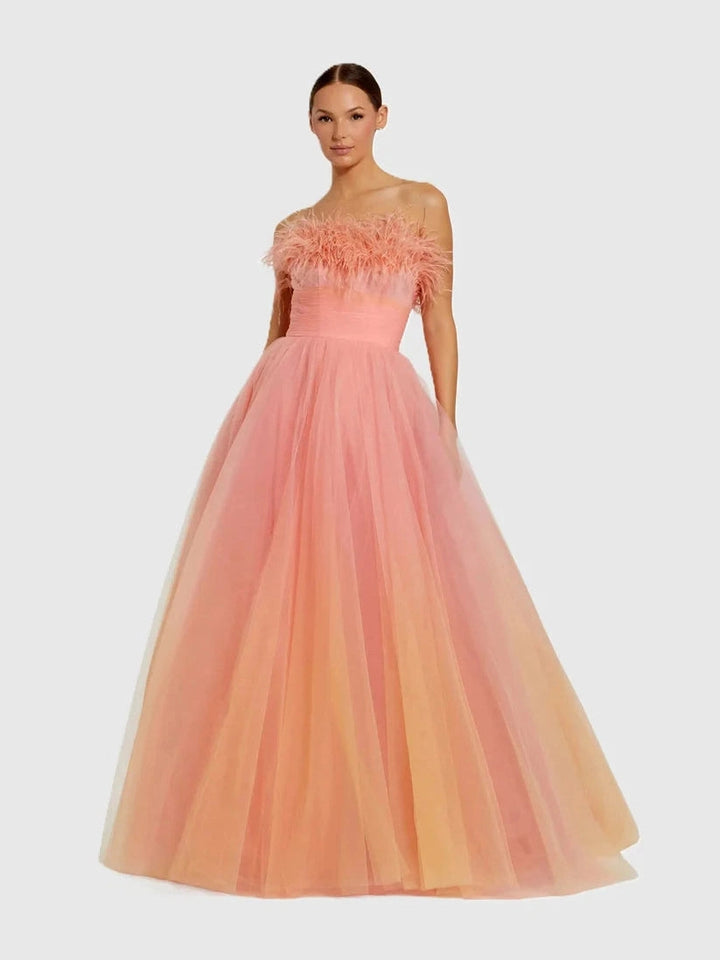 Ombre Strapless Feather Bodice Tulle Gown