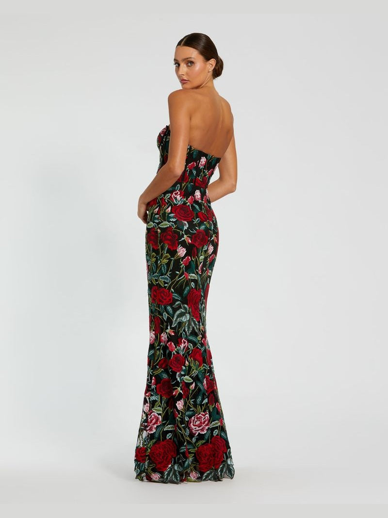 Sheer Bustier Top Floral Applique Gown