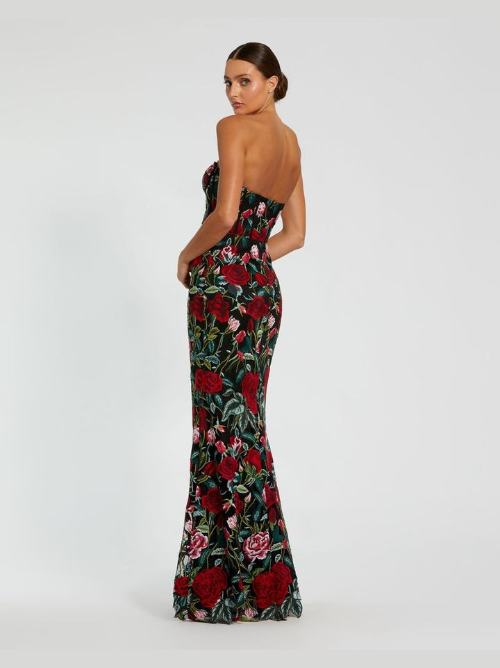 Sheer Bustier Top Floral Applique Gown
