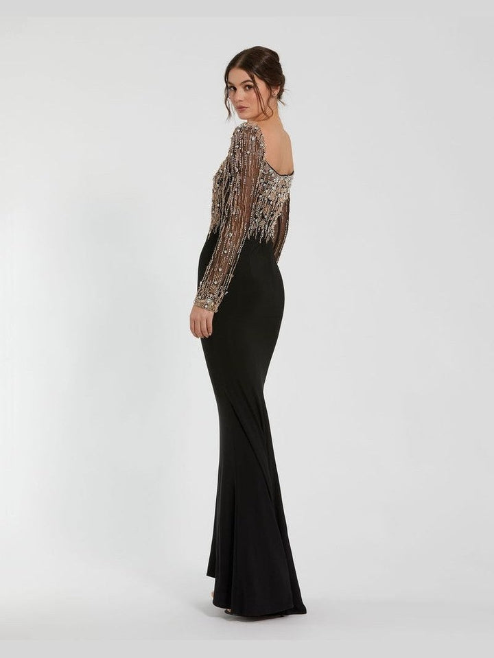 Beaded Square Neck Long Sleeve Jersey Gown