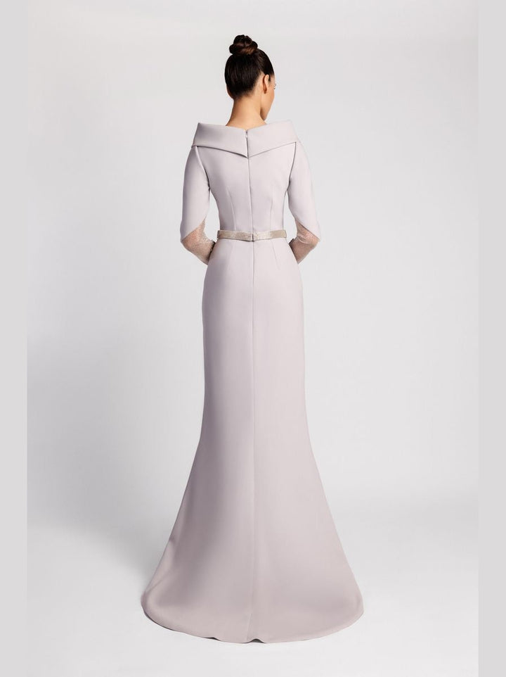 Mermaid Evening Dress with Embroidered Sleeves and Asymmetric Slit