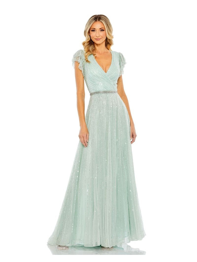 Sequined Wrap Over Ruffled Cap Sleeve Gown