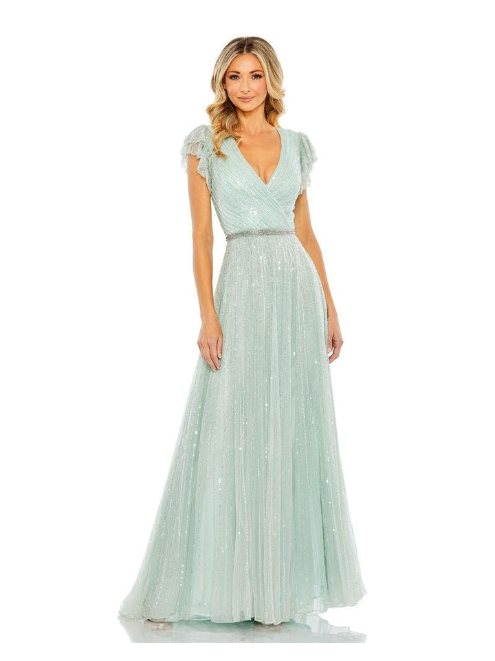 Sequined Wrap Over Ruffled Cap Sleeve Gown