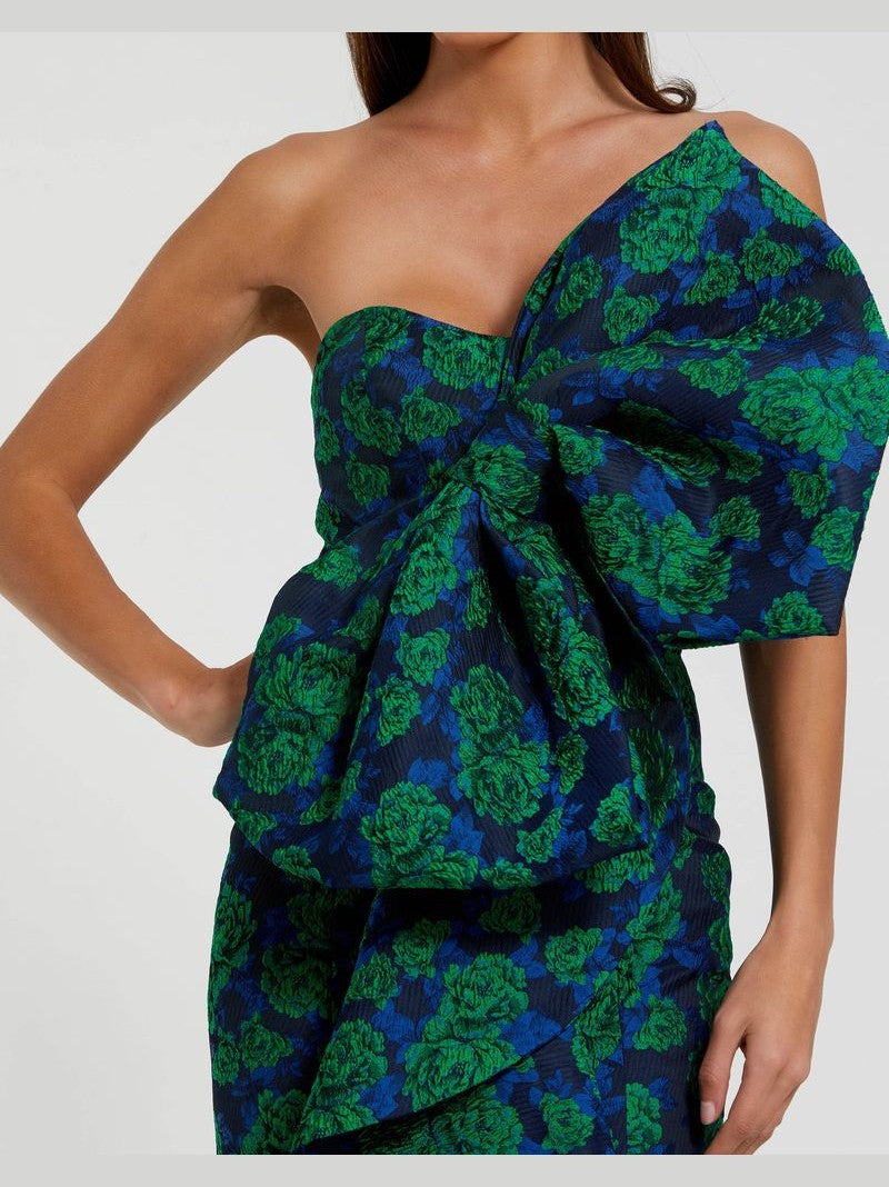 Strapless Brocade Fitted Gown With Oversized Bow