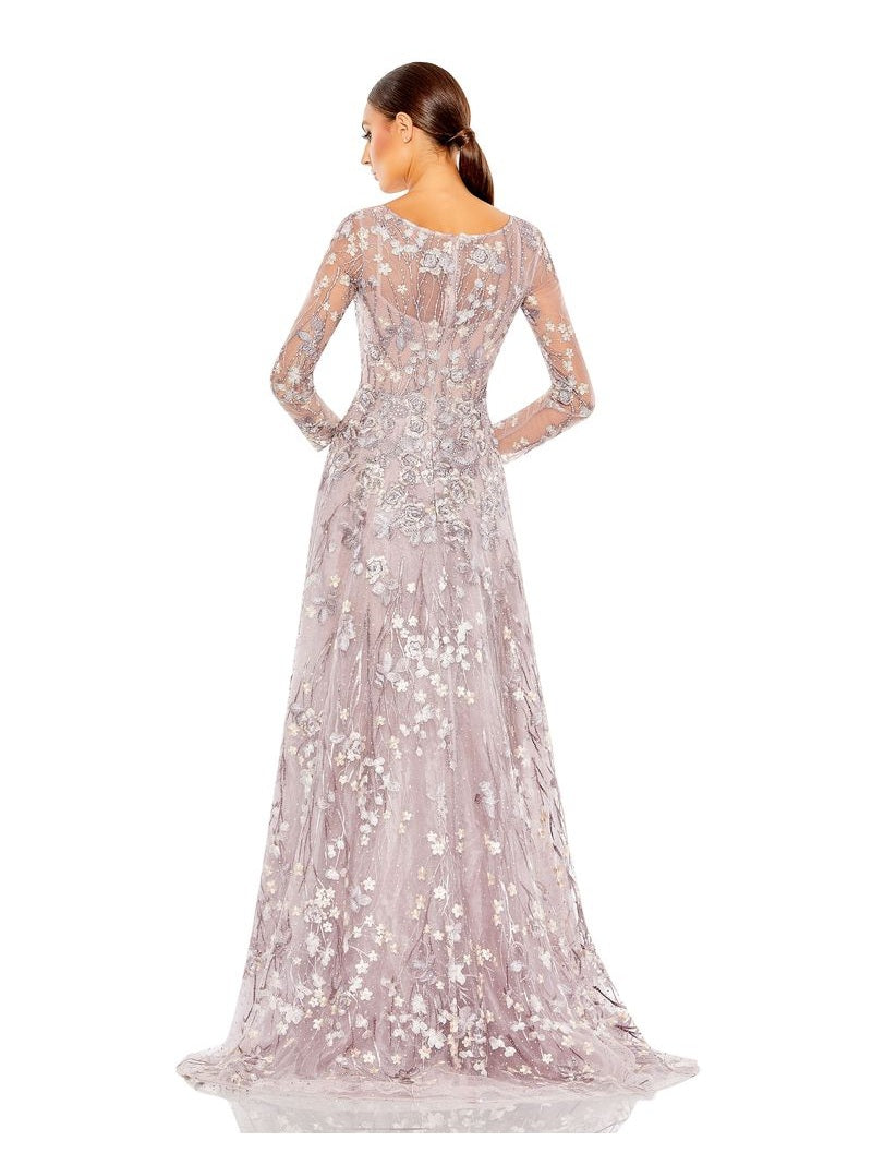 Lace Wrap Over Illusion Long Sleeve A Line Gown -Pink